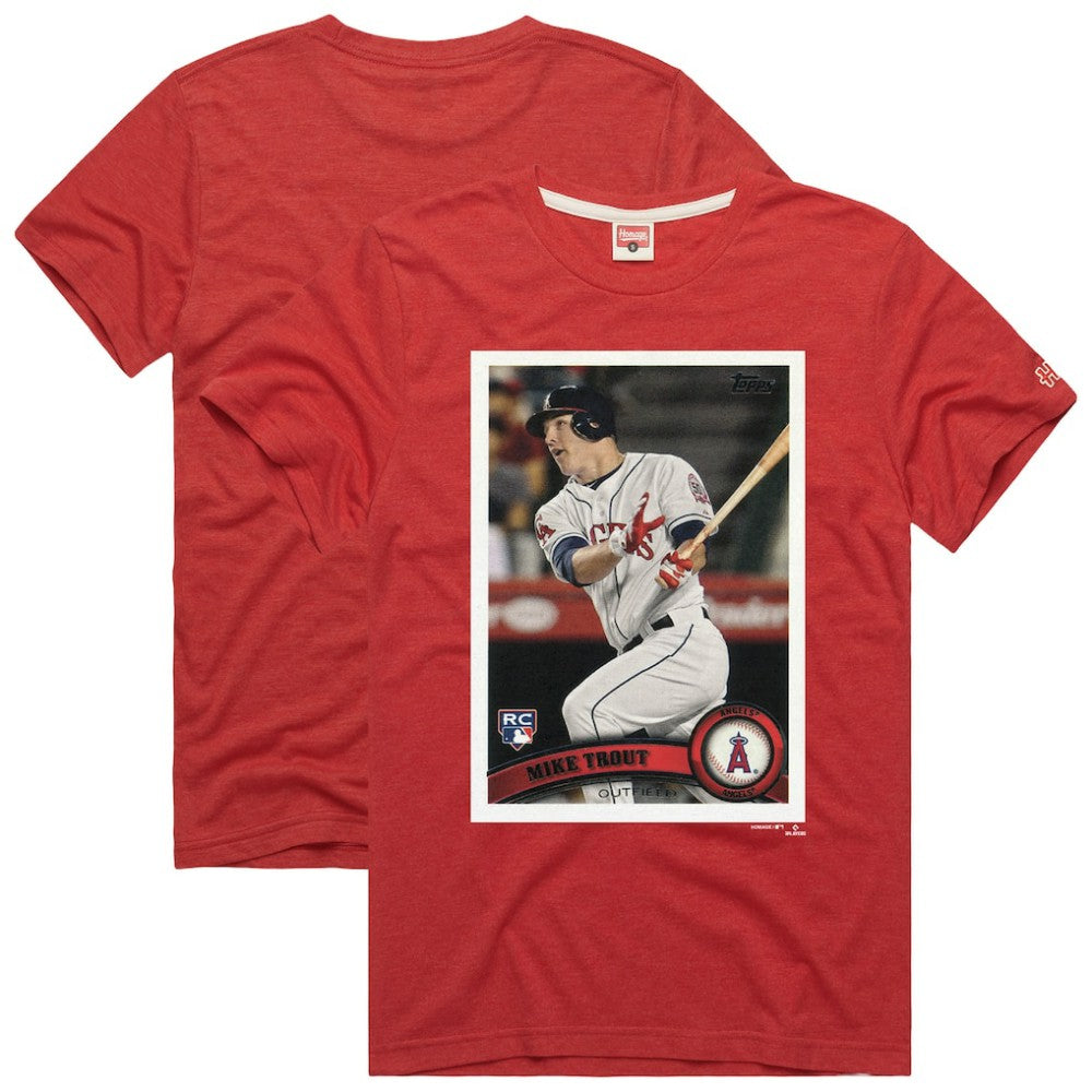 Mike Trout Los Angeles Angels Homage 2011 Topps Baseball Card Player T-Shirt Red