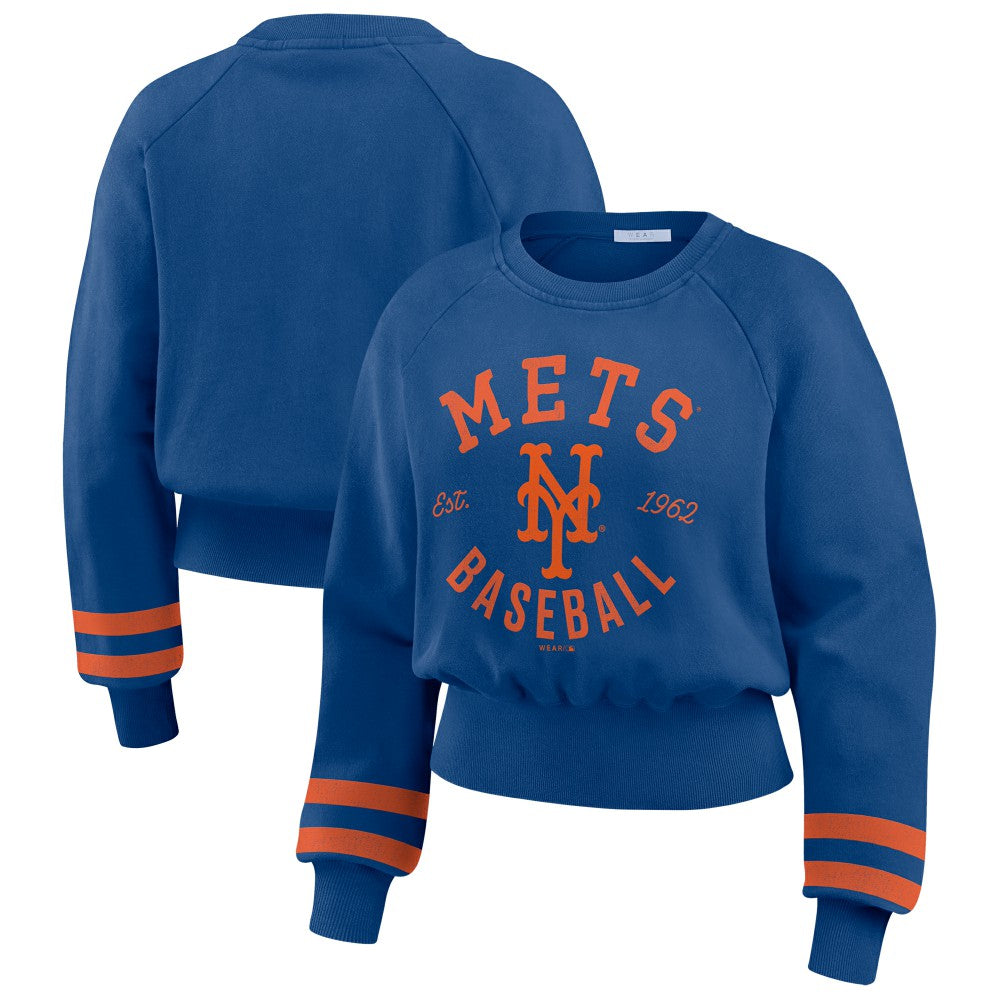 New York Mets WEAR by Erin Andrews Women's Vintage Washed Cropped Pullover Sweatshirt Royal