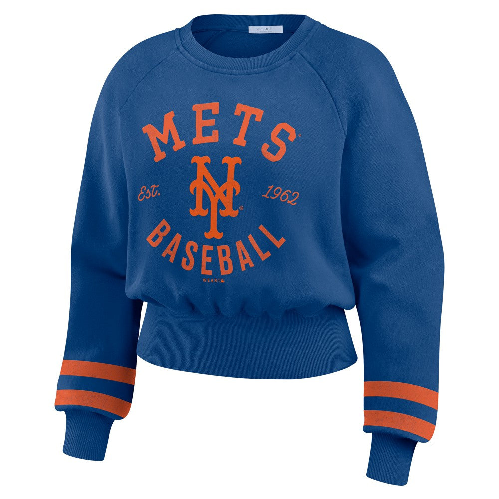 New York Mets WEAR by Erin Andrews Women's Vintage Washed Cropped Pullover Sweatshirt Royal