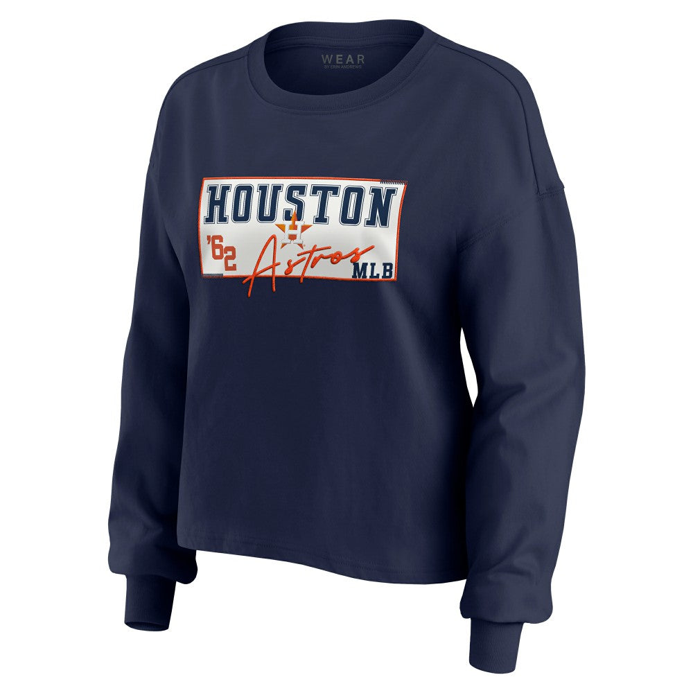 Houston Astros WEAR by Erin Andrews Women's Heavy Rugby Jersey Cropped Long Sleeve T-Shirt & Shorts Lounge Set Navy