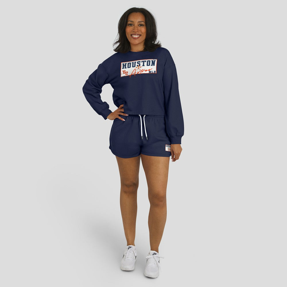 Houston Astros WEAR by Erin Andrews Women's Heavy Rugby Jersey Cropped Long Sleeve T-Shirt & Shorts Lounge Set Navy
