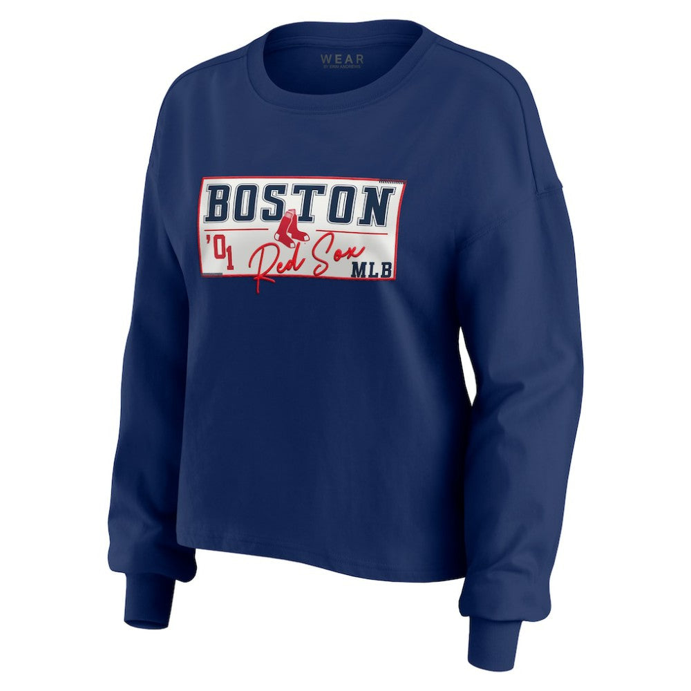 Boston Red Sox WEAR by Erin Andrews Women's Heavy Rugby Jersey Cropped Long Sleeve T-Shirt & Shorts Lounge Set Navy