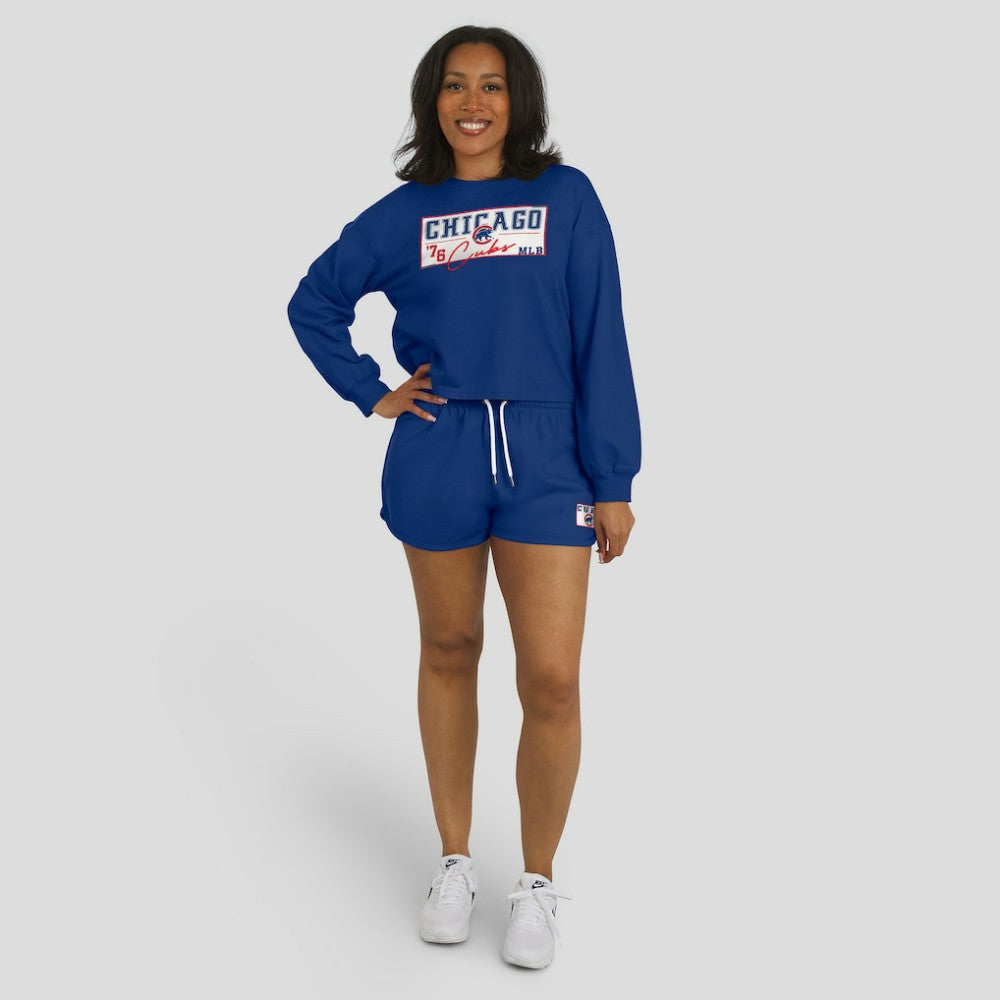 Chicago Cubs WEAR by Erin Andrews Women's Heavy Rugby Jersey Cropped Long Sleeve T-Shirt & Shorts Lounge Set Royal