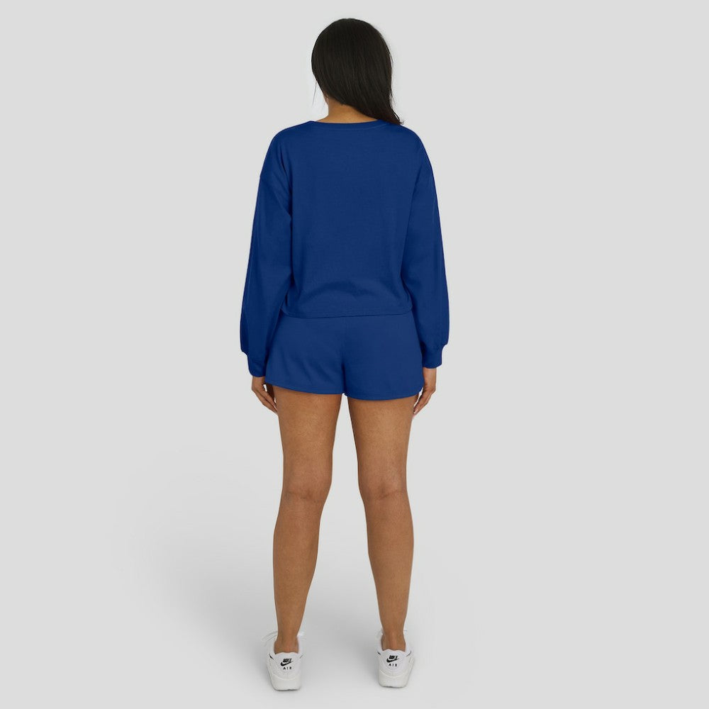 Chicago Cubs WEAR by Erin Andrews Women's Heavy Rugby Jersey Cropped Long Sleeve T-Shirt & Shorts Lounge Set Royal