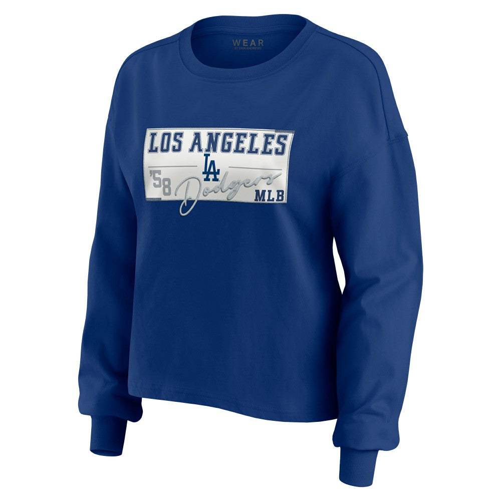 Los Angeles Dodgers WEAR by Erin Andrews Women's Heavy Rugby Jersey Cropped Long Sleeve T-Shirt & Shorts Lounge Set Royal
