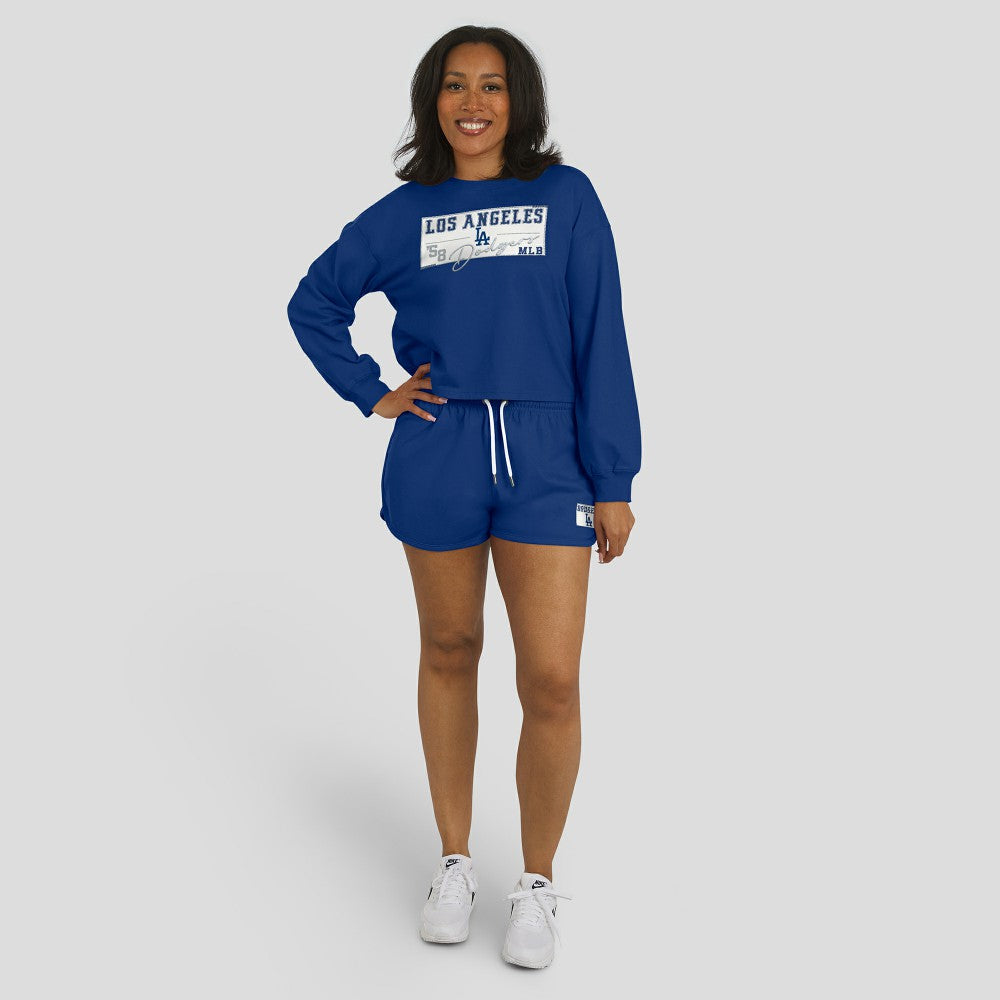 Los Angeles Dodgers WEAR by Erin Andrews Women's Heavy Rugby Jersey Cropped Long Sleeve T-Shirt & Shorts Lounge Set Royal