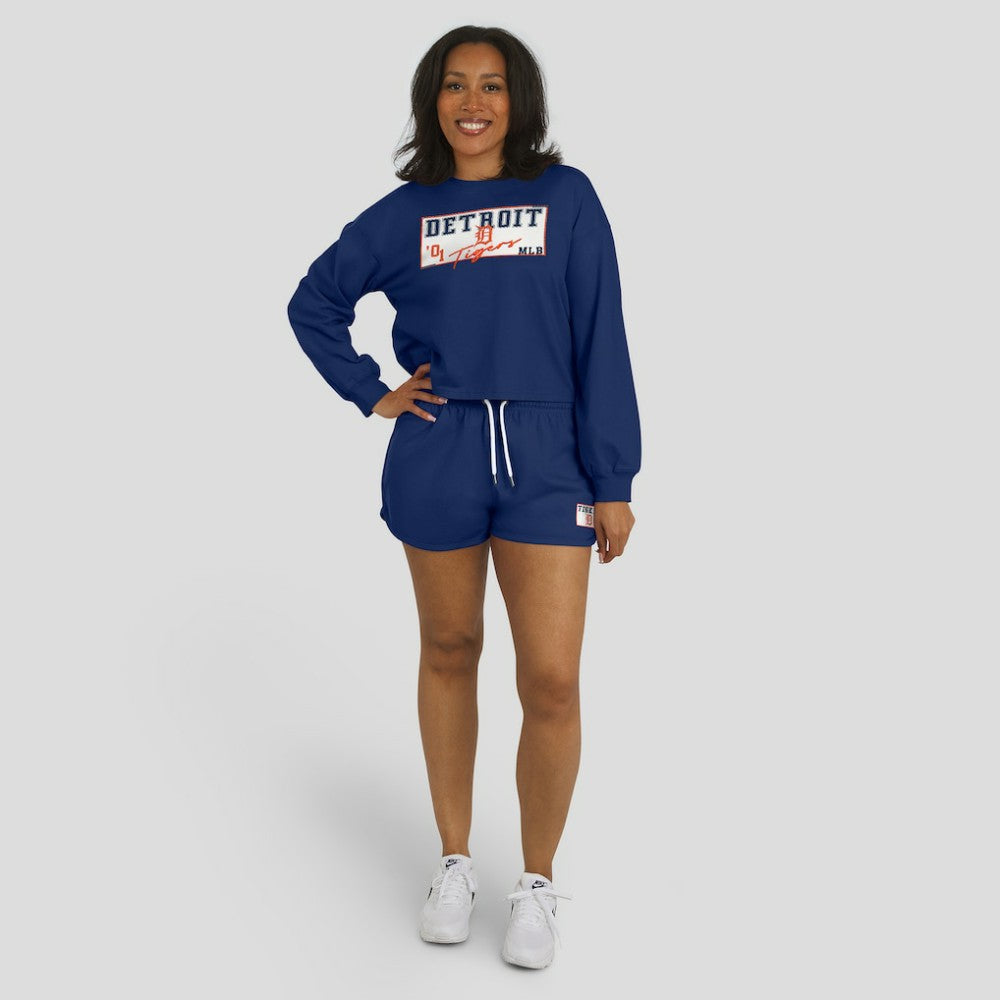 Detroit Tigers WEAR by Erin Andrews Women's Heavy Rugby Jersey Cropped Long Sleeve T-Shirt & Shorts Lounge Set Navy