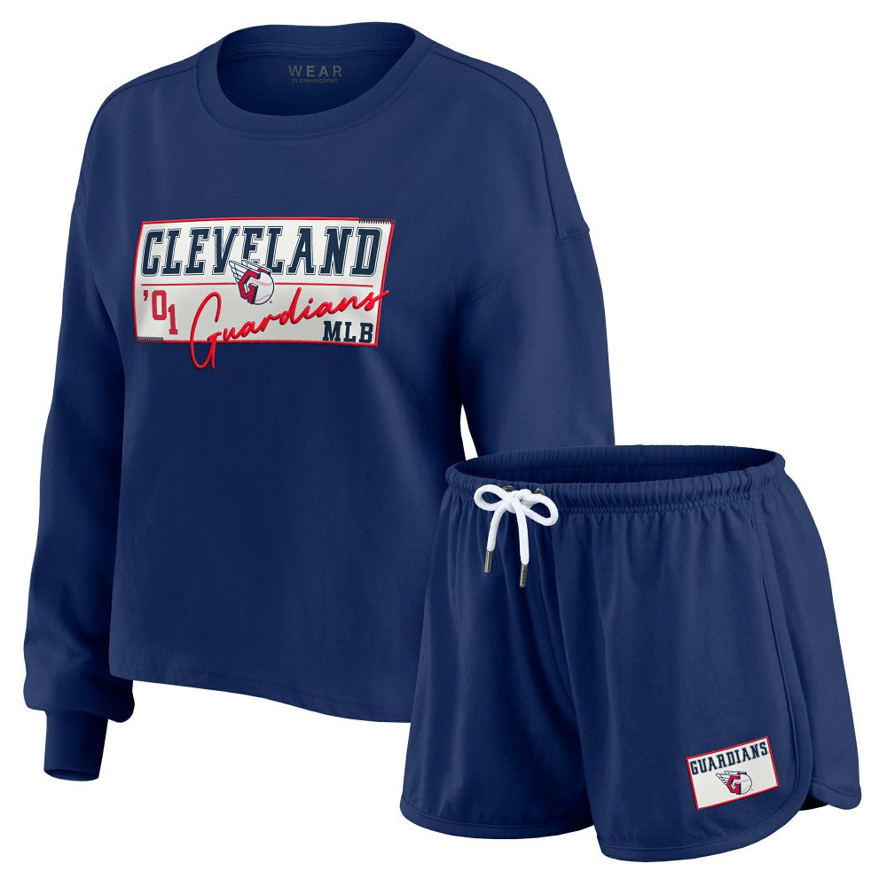 Cleveland Guardians WEAR by Erin Andrews Women's Heavy Rugby Jersey Cropped Long Sleeve T-Shirt & Shorts Lounge Set Navy