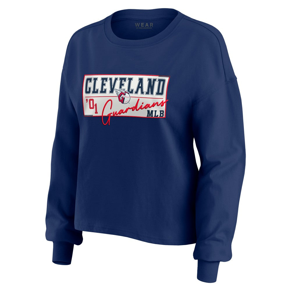 Cleveland Guardians WEAR by Erin Andrews Women's Heavy Rugby Jersey Cropped Long Sleeve T-Shirt & Shorts Lounge Set Navy