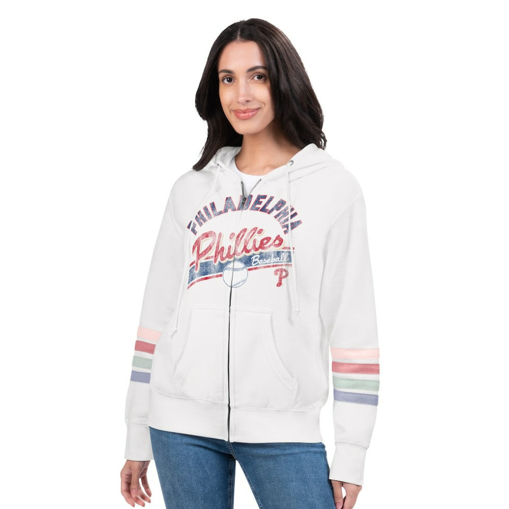 Philadelphia Phillies G-III 4Her by Carl Banks Women's Naamah Sleeve Stripe Fleece Full-Zip Hoodie White