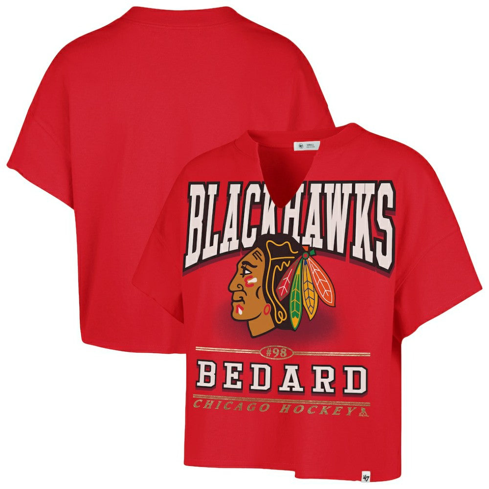 Connor Bedard Chicago Blackhawks '47 Women's Elation Name & Number Oversized Notch Neck T-Shirt Red