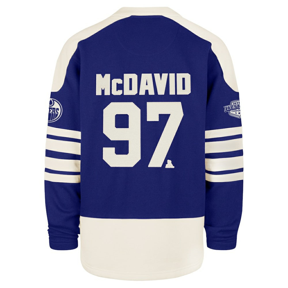 Connor McDavid Edmonton Oilers '47 Player Name & Number Sweep Check Eternal Lacer Sweatshirt Royal