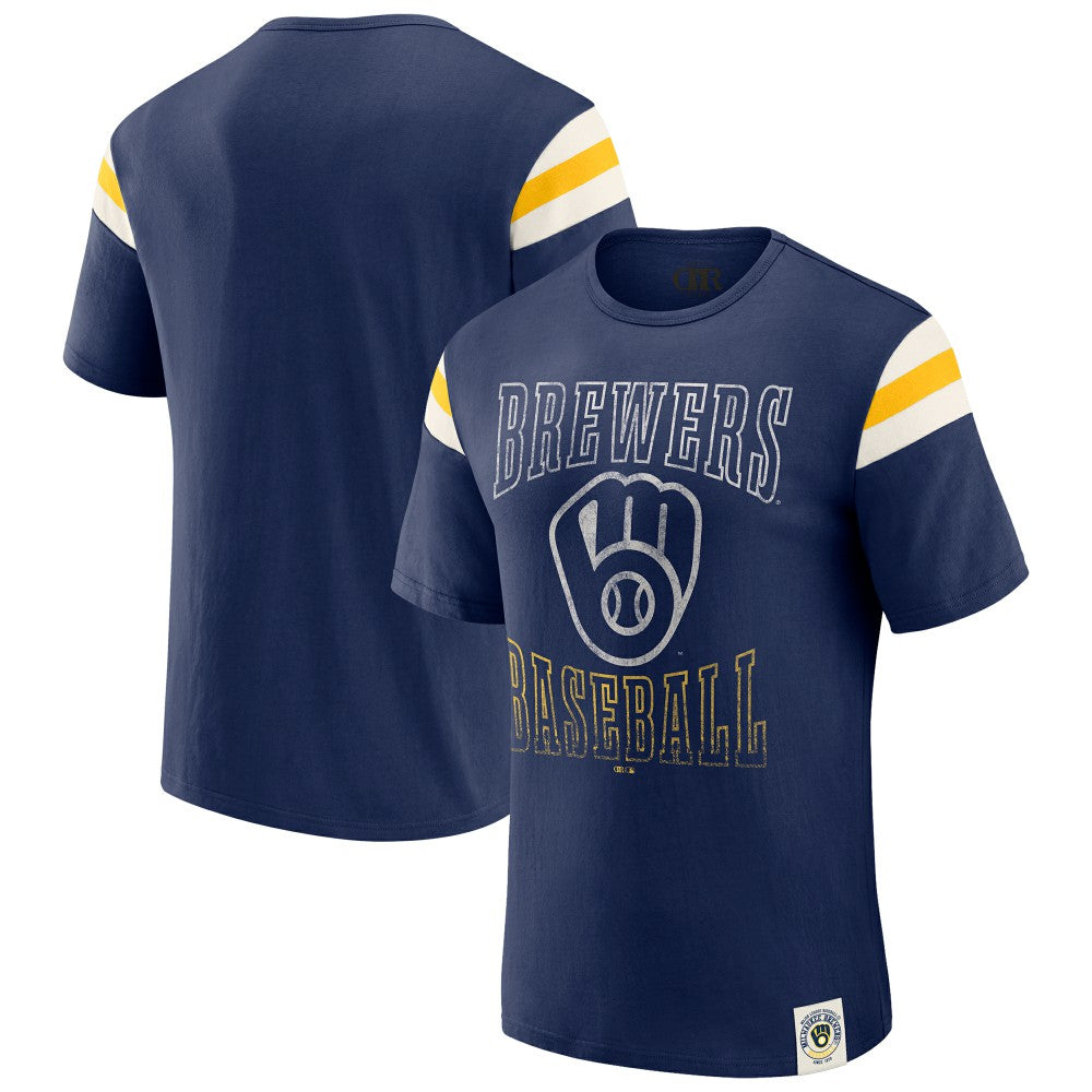 Milwaukee Brewers Darius Rucker Collection Distressed Sleeve Stripe T-Shirt Navy