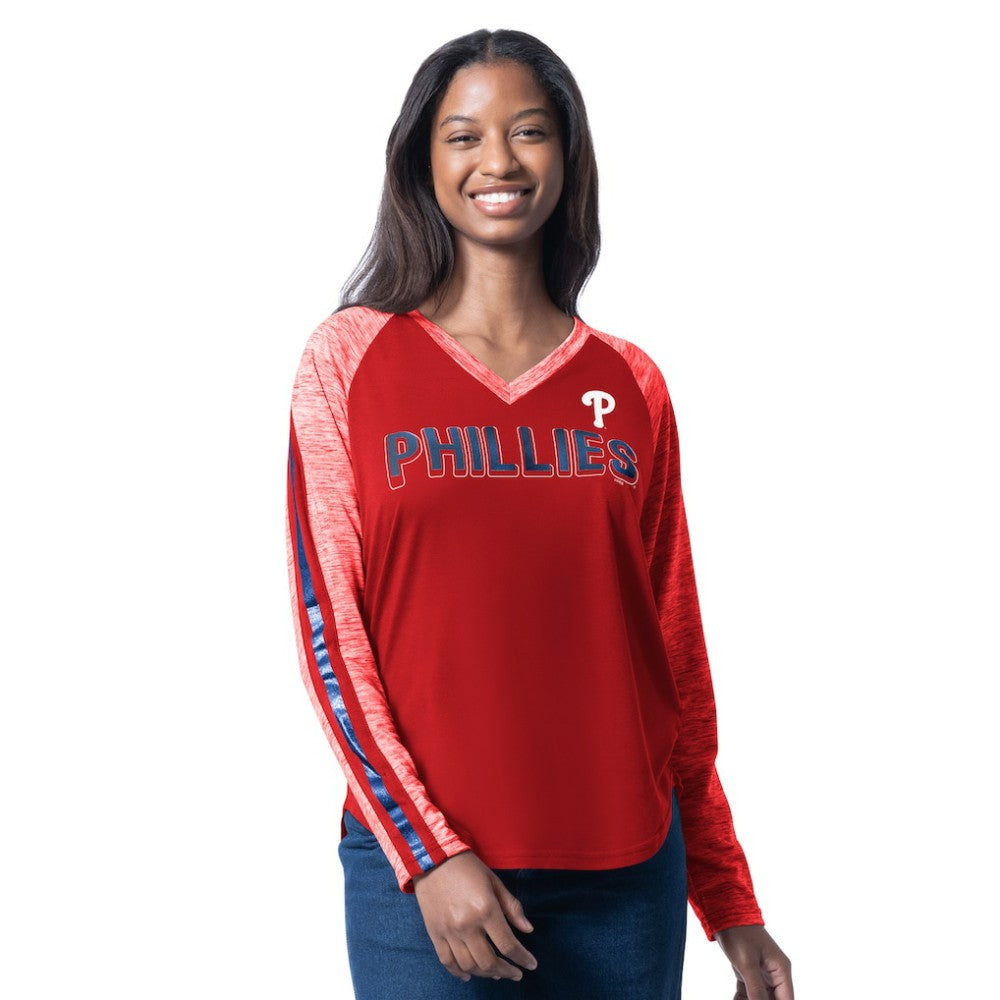 Philadelphia Phillies G-III 4Her by Carl Banks Women's Top Dog Raglan Long Sleeve V-Neck T-Shirt Red