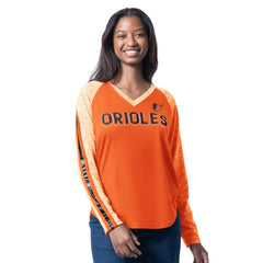 Baltimore Orioles G-III 4Her by Carl Banks Women's Top Dog Raglan Long Sleeve V-Neck T-Shirt Orange