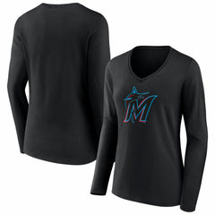 Miami Marlins Women's Logo Long Sleeve V-Neck T-Shirt Black