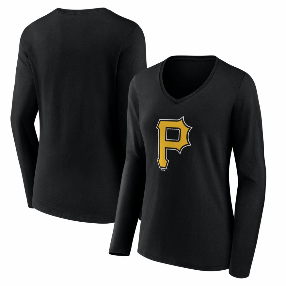 Pittsburgh Pirates Women's Logo Long Sleeve V-Neck T-Shirt Black