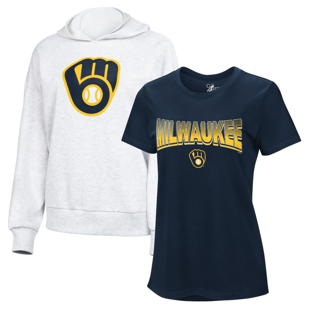 Milwaukee Brewers G-III 4Her by Carl Banks Women's T-Shirt and Hoodie Combo Pack Navy/Bright Heather Ceramic