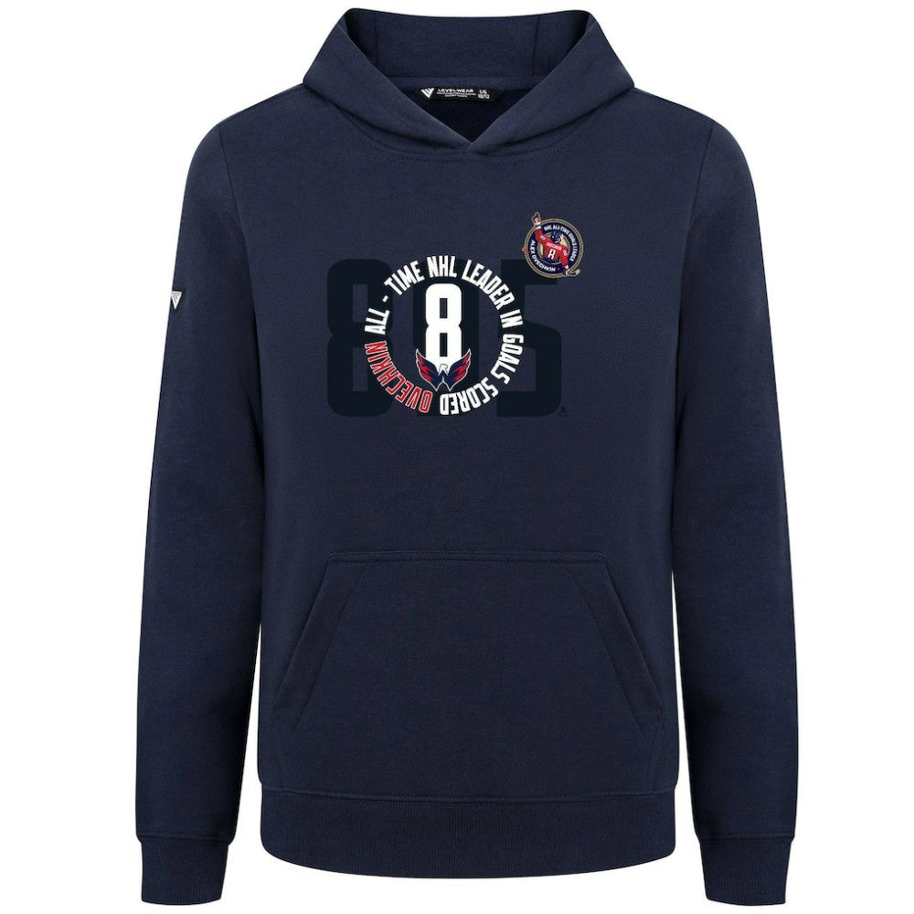 Alexander Ovechkin Washington Capitals Levelwear Youth NHL All-Time Leading Goal Scorer Milestone Name & Number Podium Pullover Hoodie Navy