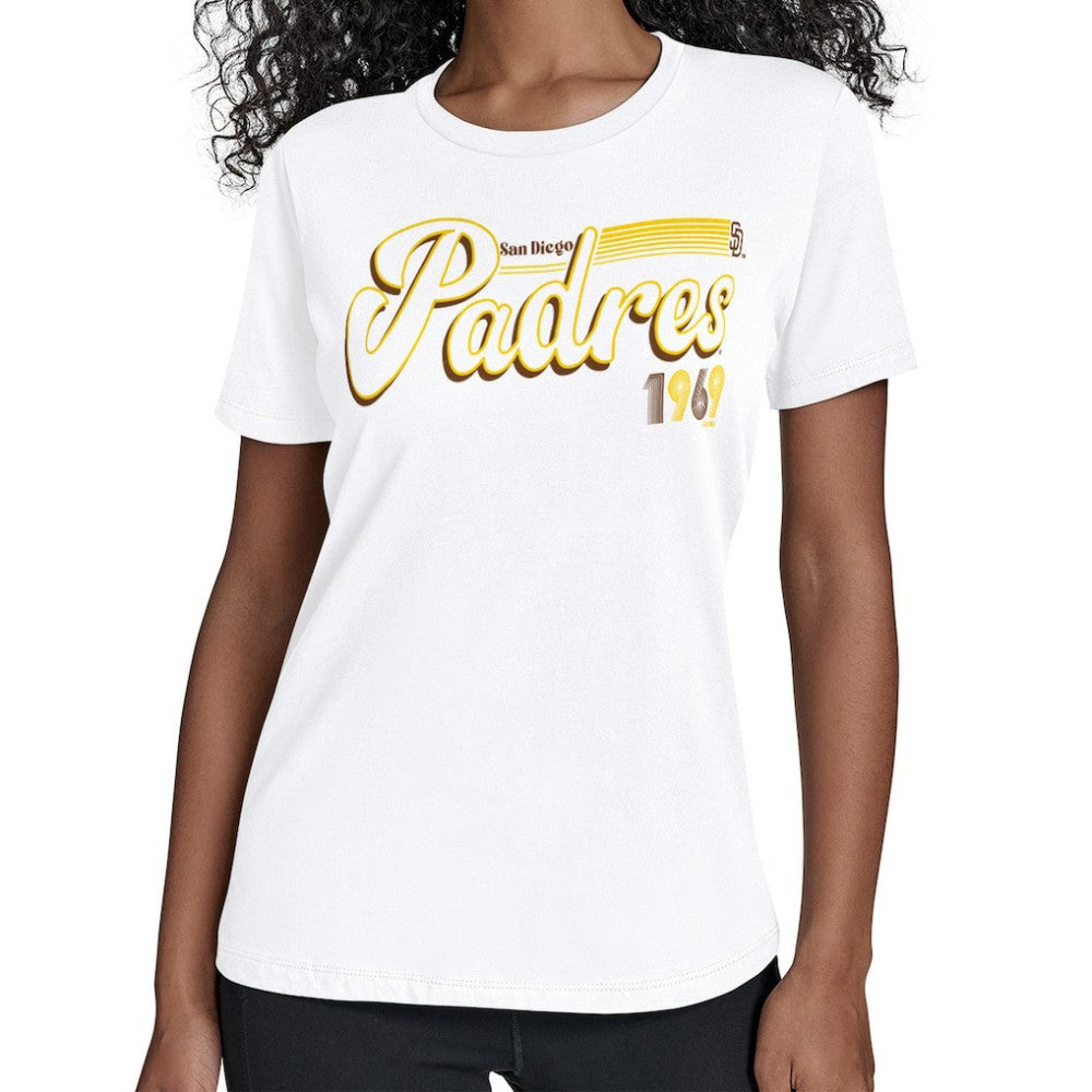 San Diego Padres Starter Women's Groovy Script Team Fitted T-Shirt White