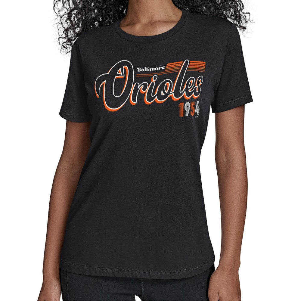 Baltimore Orioles Starter Women's Groovy Script Team Fitted T-Shirt Black