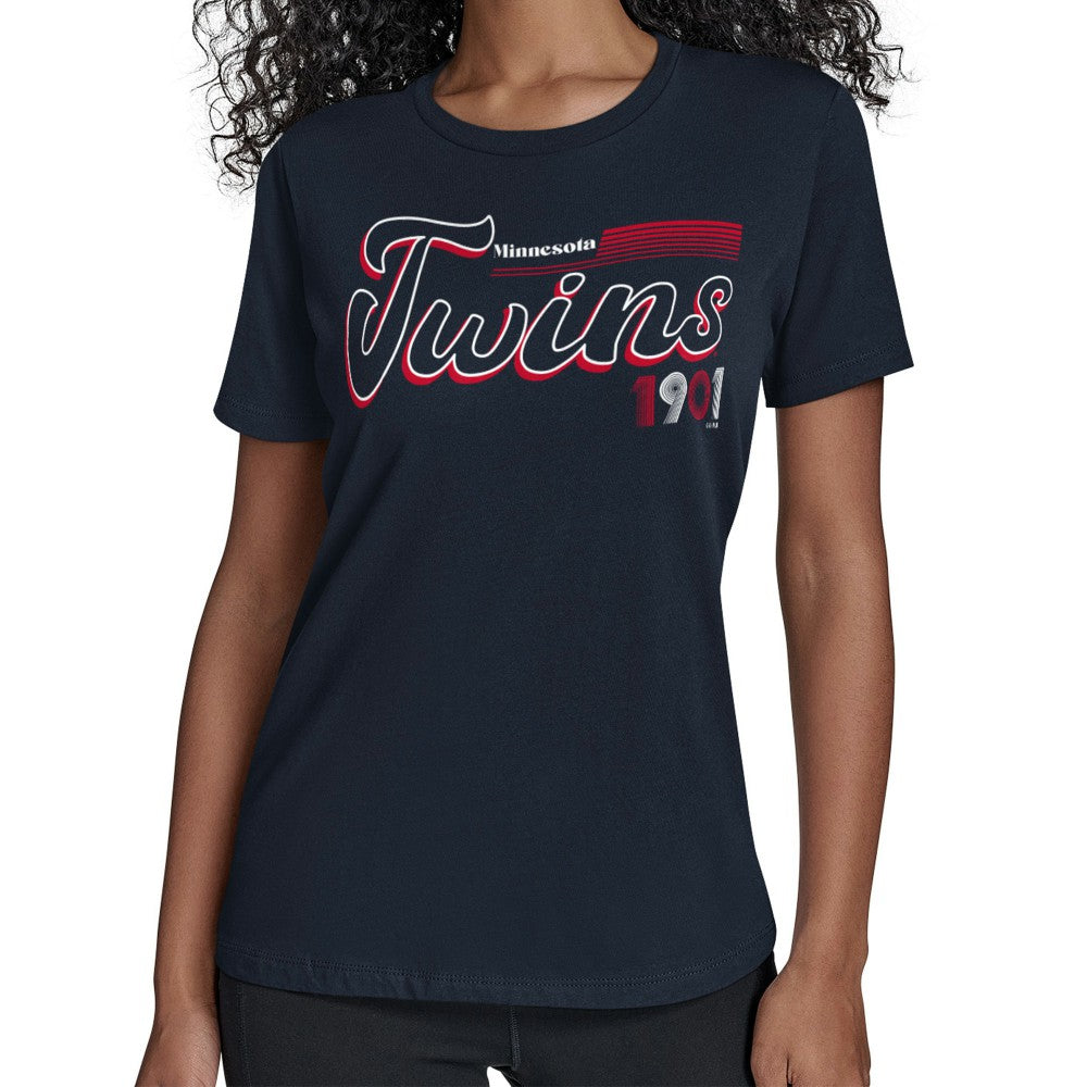 Minnesota Twins Starter Women's Groovy Script Team Fitted T-Shirt Navy