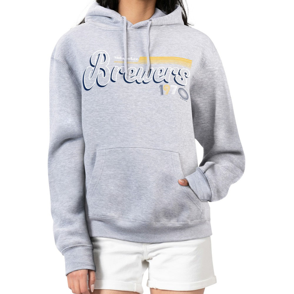 Milwaukee Brewers Starter Women's Groovy Script Team Fleece Pullover Hoodie Gray