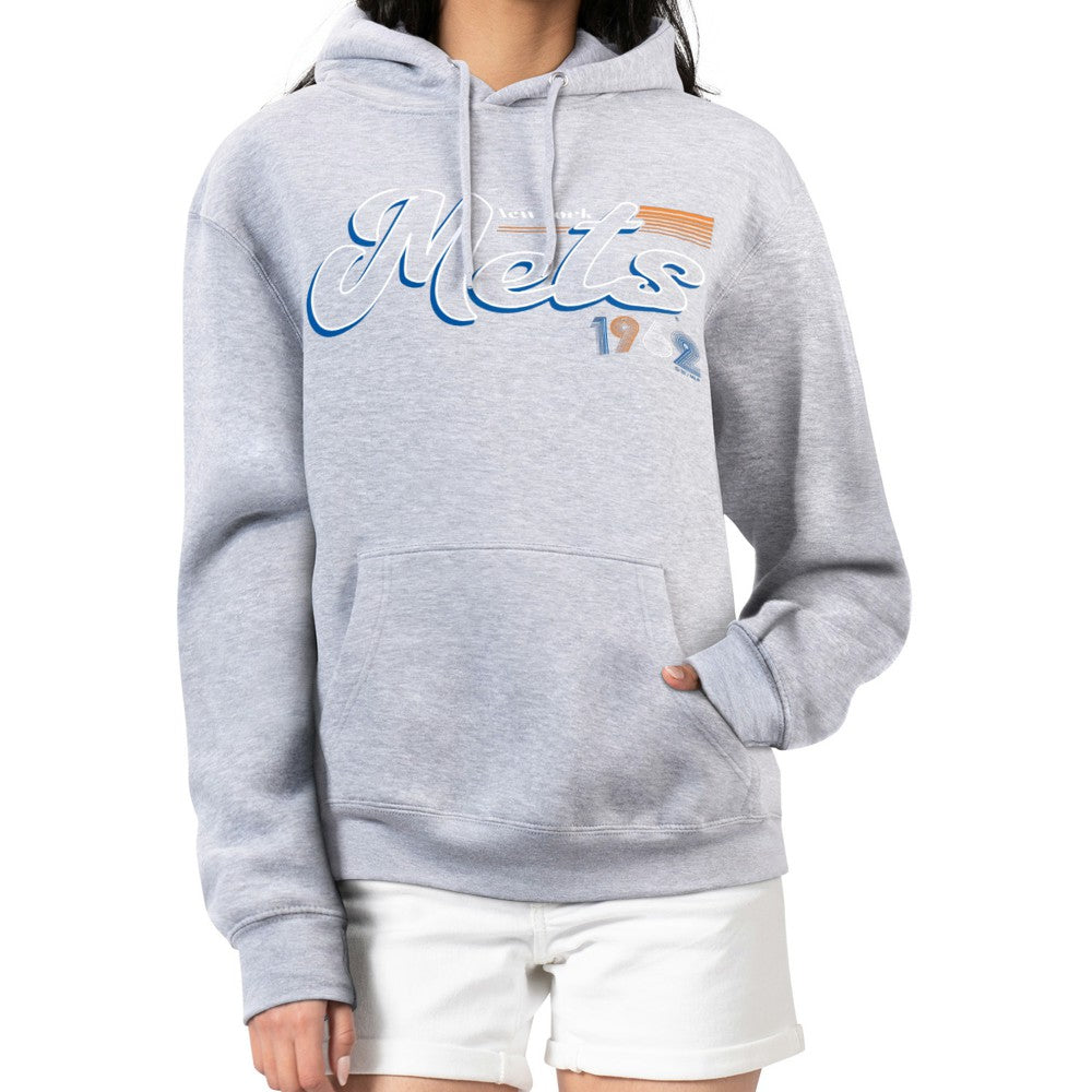 New York Mets Starter Women's Groovy Script Team Fleece Pullover Hoodie Gray