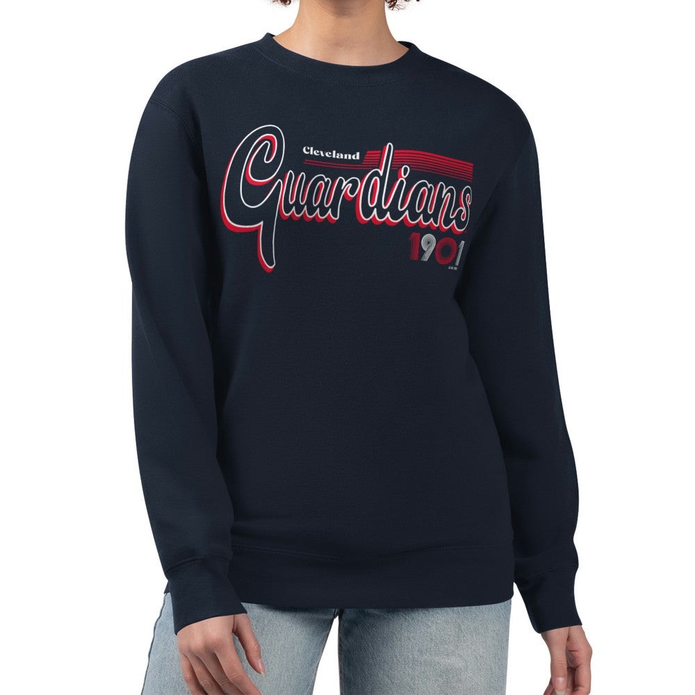 Cleveland Guardians Starter Women's Groovy Script Team Fleece Pullover Sweatshirt Navy