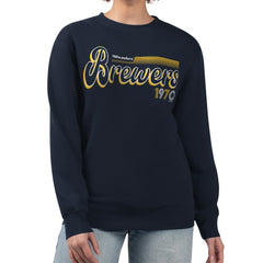 Milwaukee Brewers Starter Women's Groovy Script Team Fleece Pullover Sweatshirt Navy