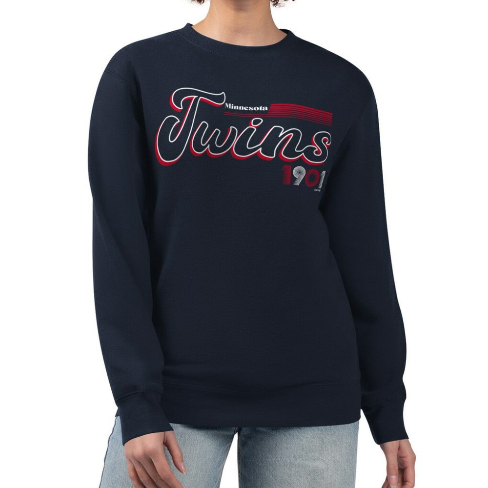 Minnesota Twins Starter Women's Groovy Script Team Fleece Pullover Sweatshirt Navy