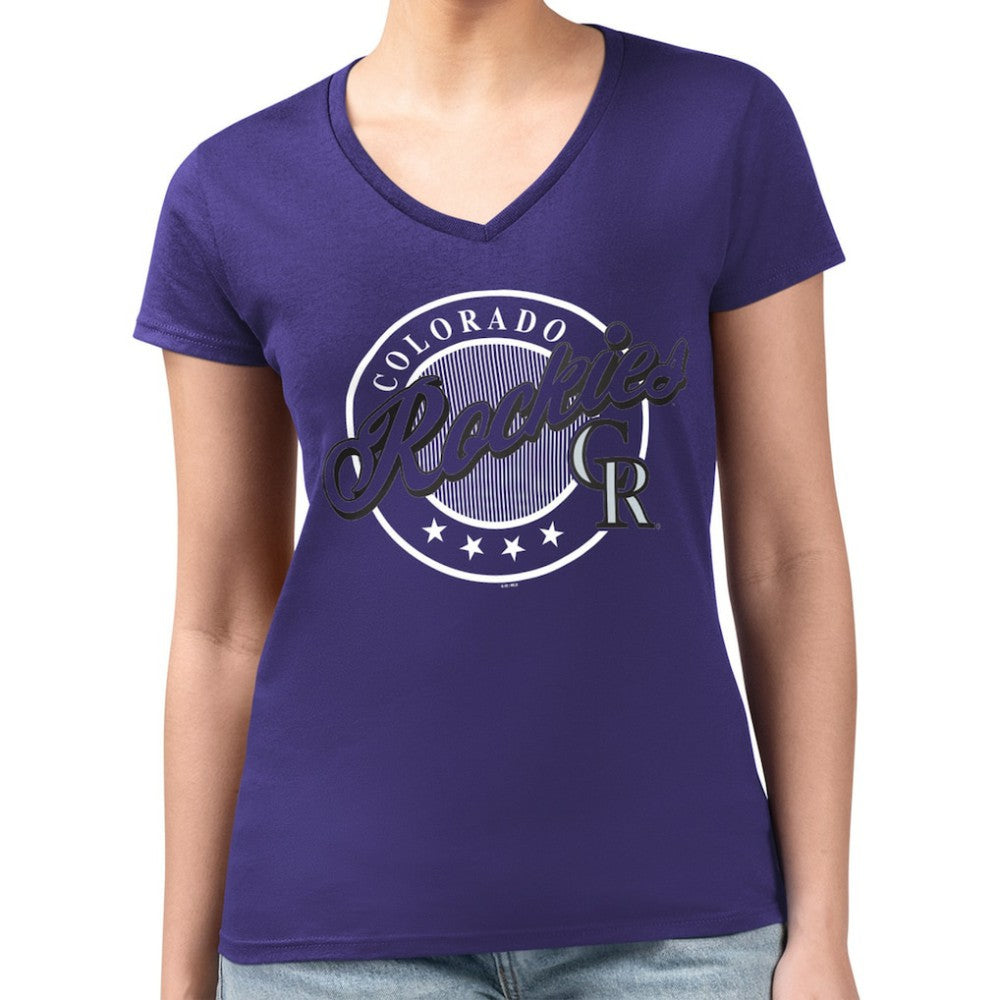 Colorado Rockies G-III 4Her by Carl Banks Women's Super-Slim Fit Lightweight Pinstripe Circle V-Neck T-Shirt Purple