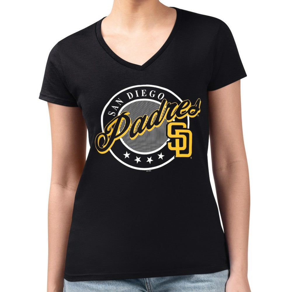 San Diego Padres G-III 4Her by Carl Banks Women's Super-Slim Fit Lightweight Pinstripe Circle V-Neck T-Shirt Black