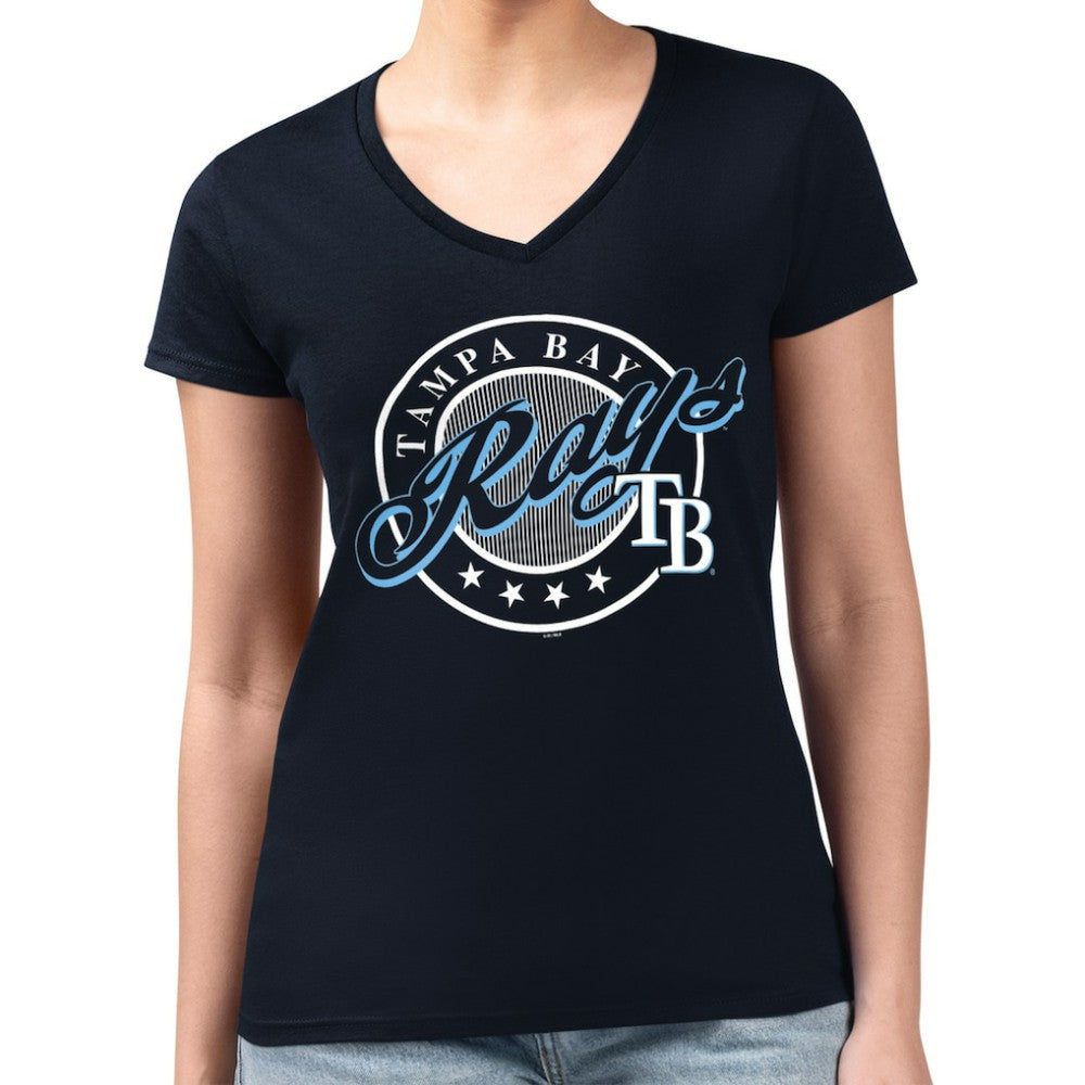 Tampa Bay Rays G-III 4Her by Carl Banks Women's Super-Slim Fit Lightweight Pinstripe Circle V-Neck T-Shirt Navy