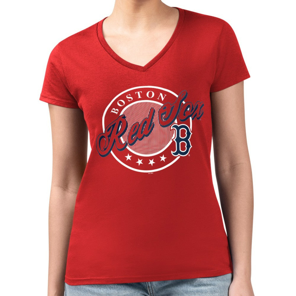Boston Red Sox G-III 4Her by Carl Banks Women's Super-Slim Fit Lightweight Pinstripe Circle V-Neck T-Shirt Red