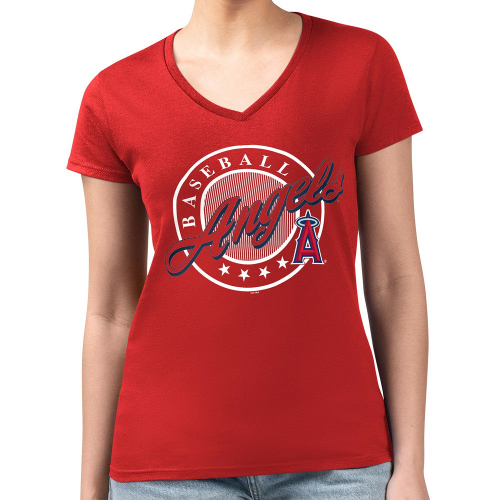 Los Angeles Angels G-III 4Her by Carl Banks Women's Super-Slim Fit Lightweight Pinstripe Circle V-Neck T-Shirt Red