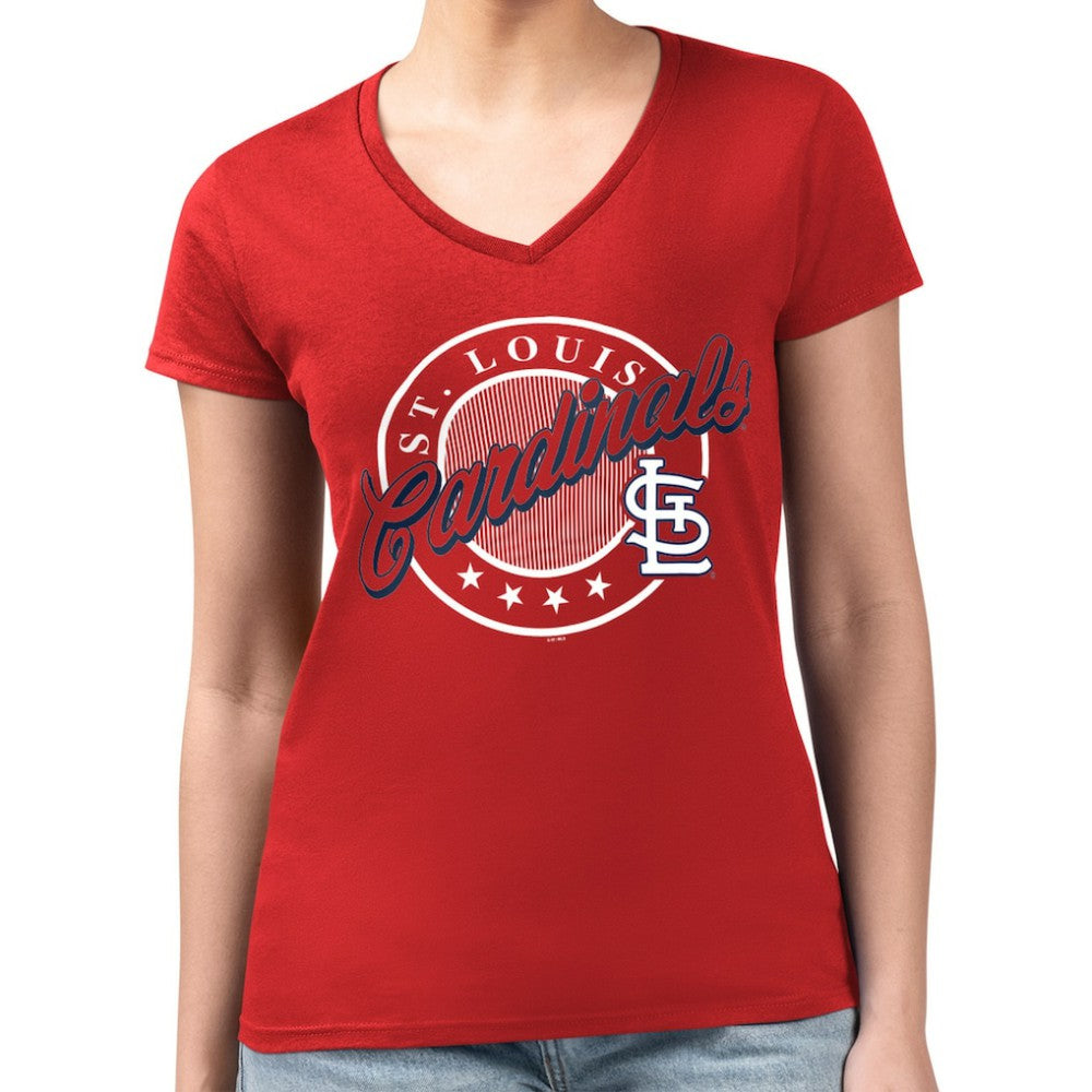 St. Louis Cardinals G-III 4Her by Carl Banks Women's Super-Slim Fit Lightweight Pinstripe Circle V-Neck T-Shirt Red