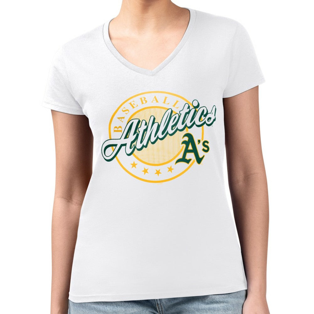 Athletics G-III 4Her by Carl Banks Women's Super-Slim Fit Lightweight Pinstripe Circle V-Neck T-Shirt White