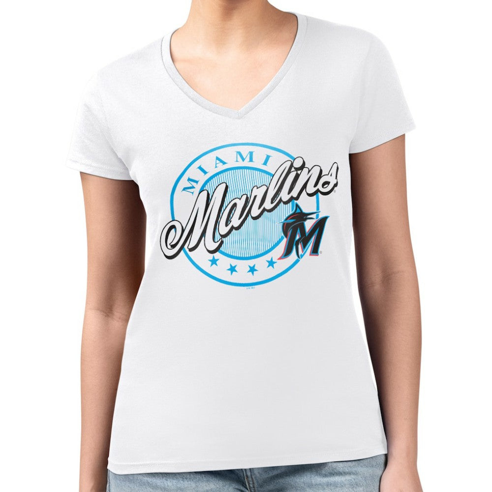 Miami Marlins G-III 4Her by Carl Banks Women's Super-Slim Fit Lightweight Pinstripe Circle V-Neck T-Shirt White