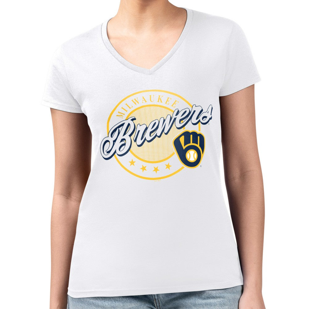 Milwaukee Brewers G-III 4Her by Carl Banks Women's Super-Slim Fit Lightweight Pinstripe Circle V-Neck T-Shirt White