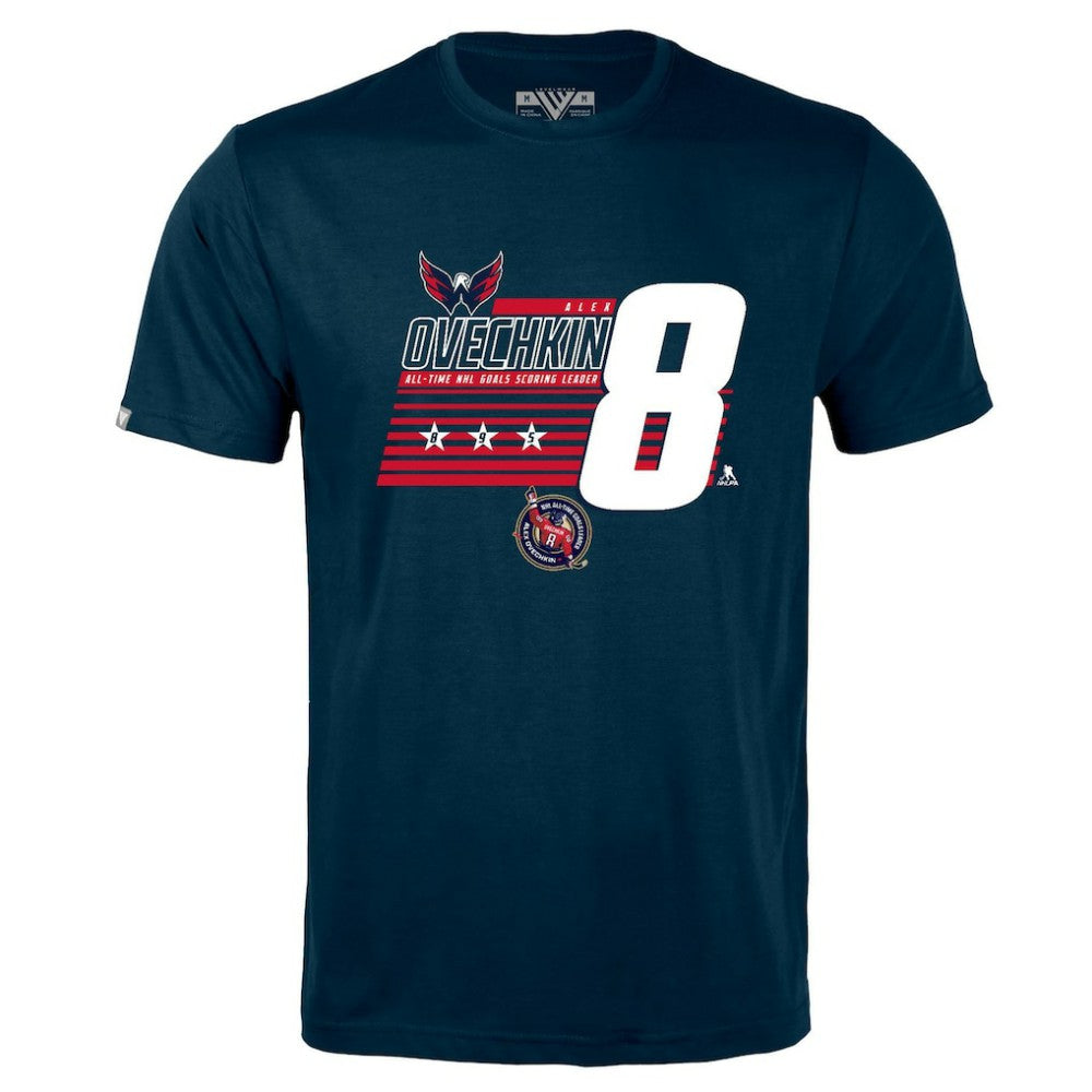 Alexander Ovechkin Washington Capitals Levelwear NHL All-Time Leading Goal Scorer Milestone Stripes Name & Number Richmond T-Shirt Navy