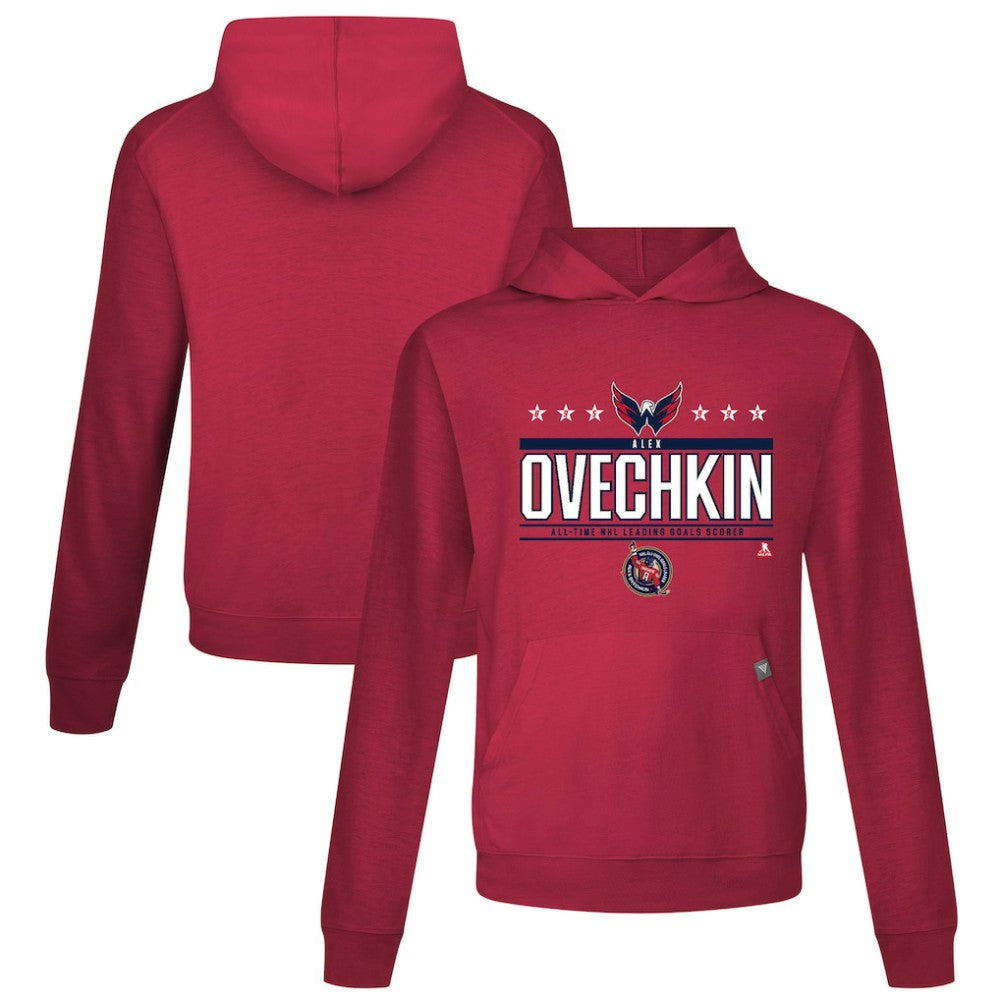 Alexander Ovechkin Washington Capitals Levelwear NHL All-Time Leading Goal Scorer Milestone Stars Name & Number Relay Pullover Hoodie Red