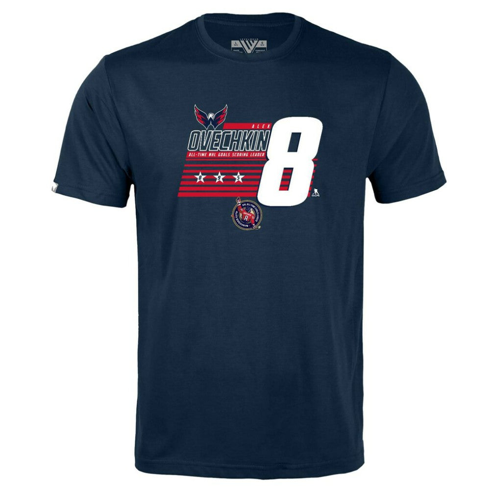 Alexander Ovechkin Washington Capitals Levelwear Youth NHL All-Time Leading Goal Scorer Milestone Stripes Name & Number Little Richmond T-Shirt Navy