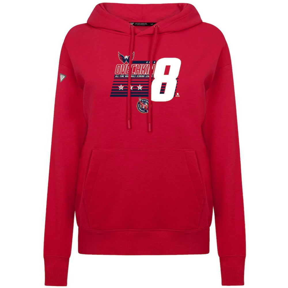 Alexander Ovechkin Washington Capitals Levelwear Women's NHL All-Time Leading Goal Scorer Milestone Stripes Name & Number Adorn Pullover Hoodie Red