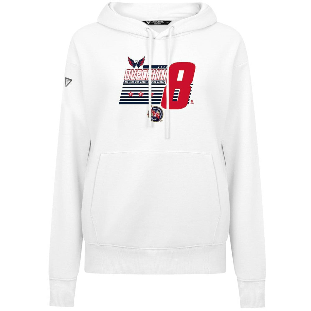 Alexander Ovechkin Washington Capitals Levelwear Women's NHL All-Time Leading Goal Scorer Milestone Stripes Name & Number Adorn Pullover Hoodie White