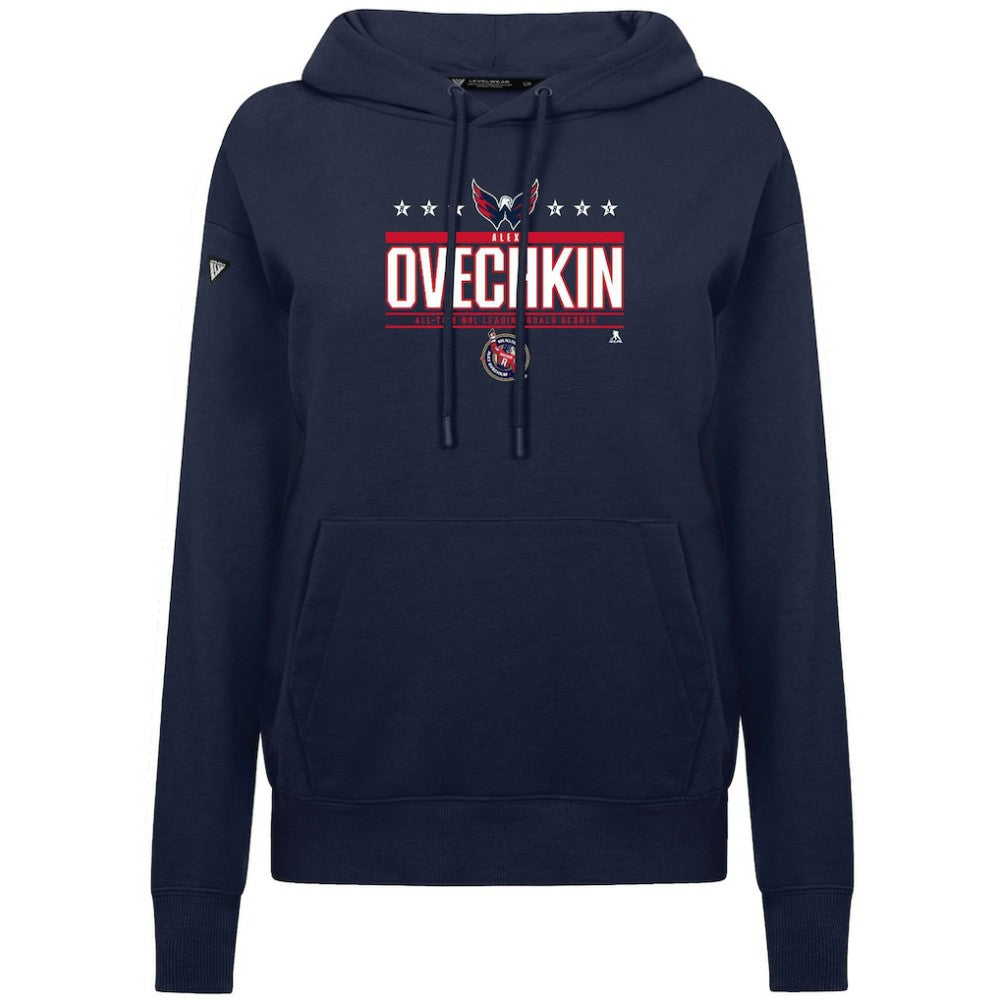 Alexander Ovechkin Washington Capitals Levelwear Women's NHL All-Time Leading Goal Scorer Milestone Stripes Name & Number Adorn Pullover Hoodie Navy