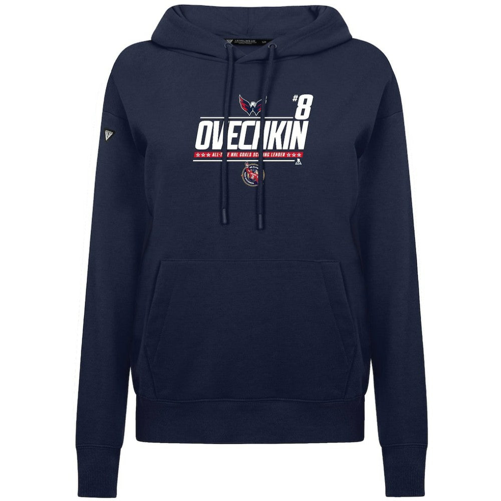 Alexander Ovechkin Washington Capitals Levelwear Women's NHL All-Time Leading Goal Scorer Milestone Stripes Name & Number Adorn Pullover Hoodie Navy