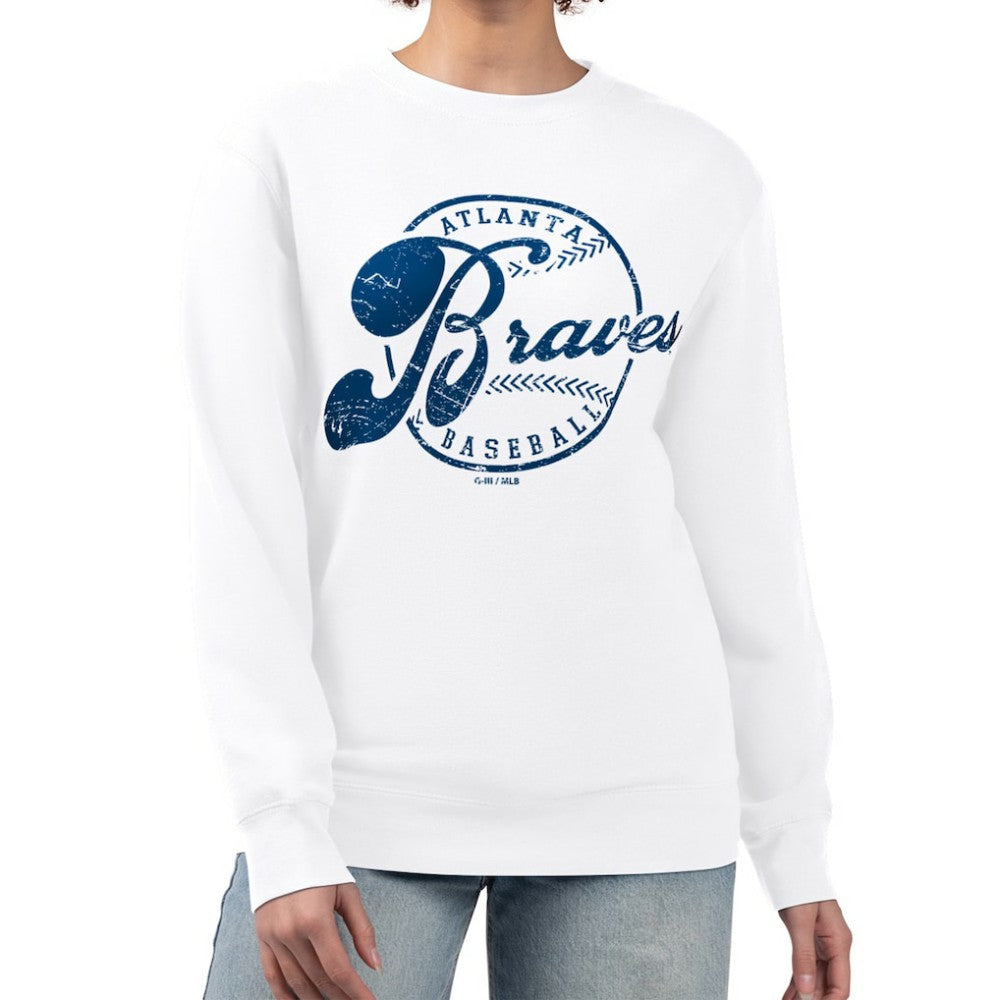 Atlanta Braves G-III 4Her by Carl Banks Women's Distressed Baseball Team Fleece Pullover Sweatshirt White