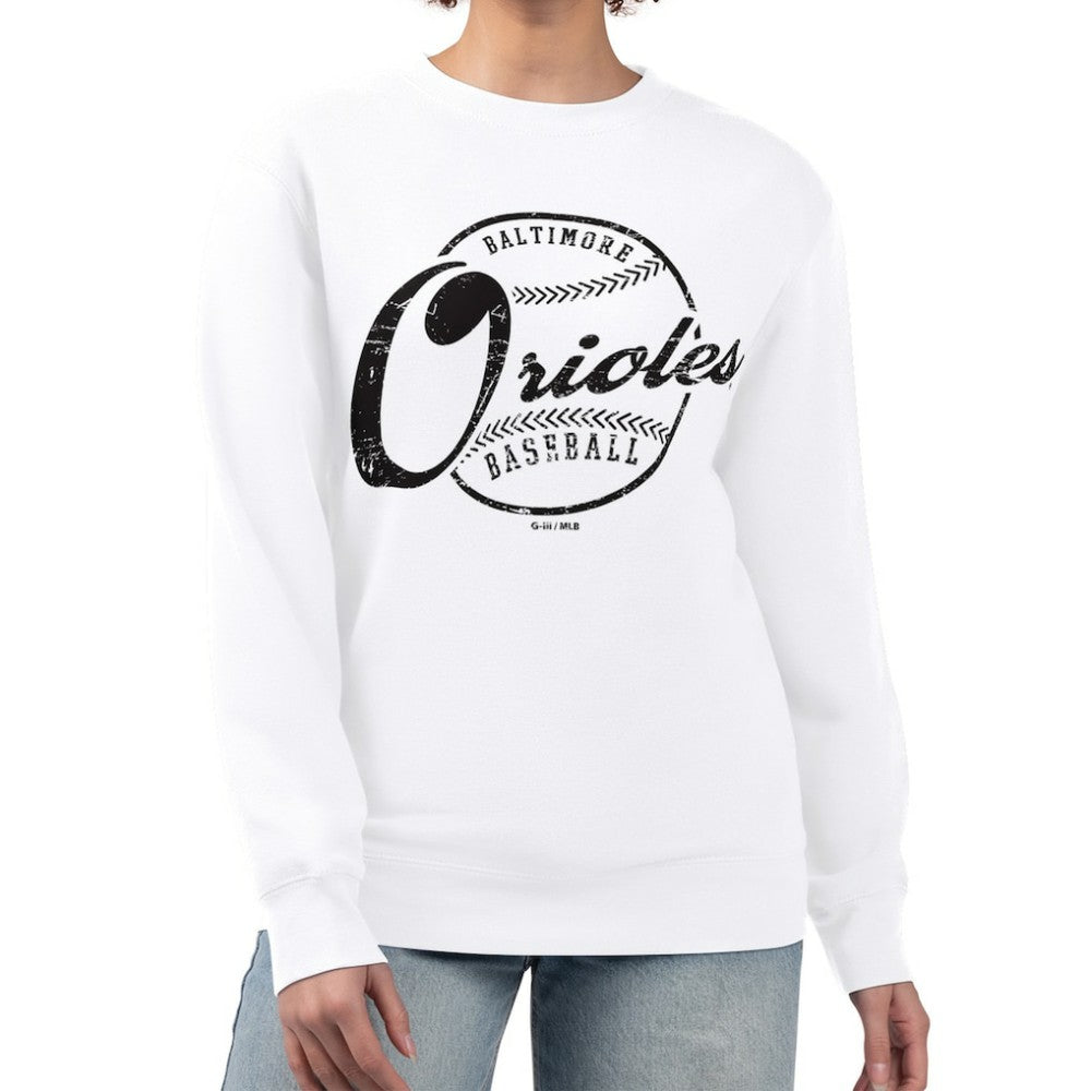 Baltimore Orioles G-III 4Her by Carl Banks Women's Distressed Baseball Team Fleece Pullover Sweatshirt White