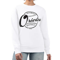 Baltimore Orioles G-III 4Her by Carl Banks Women's Distressed Baseball Team Fleece Pullover Sweatshirt White